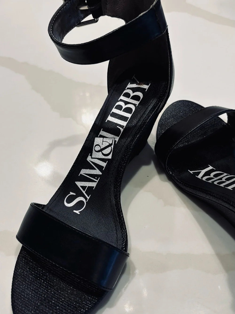 Sam & Libby Black Ankle-Strap Wedge Sandals
